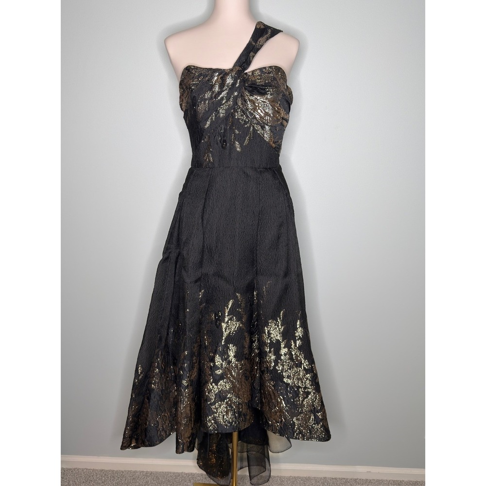 Marchesa Notte Black Gold Metallic One Shoulder High-Low Jacquard Gown Sz 14